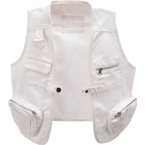 Spring summer fashion multi-pocket denim vest women short waistcoat plus size 3XL