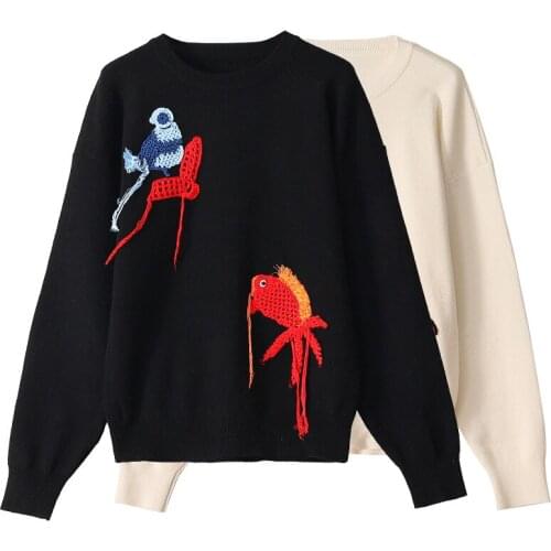 Ladies Casual Pullover Winter Women Clothes 2021 Long-Sleeved O-Neck Goldfish Bird Embroidery Slim Knit Black White Sweater