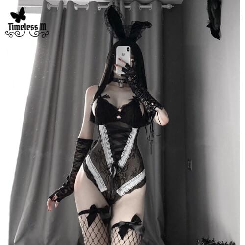 Women Sexy Lingerie Cute Bow Bodysuit Sleepwear Floral Lace Crotchless Lady Erotic Underwear Black Pink Sleeveless VNeck Costume