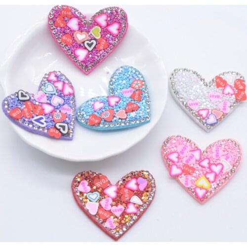 12Pcs 48*32mm Padded Clay Rhinestone Heart Applique for Clothes Hat Shoes Patches Headwear Hair Clips Bow Decor Accessories