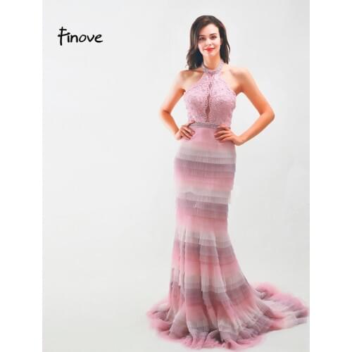 Finove Prom Dress 2020 Floor Length Straight Sexy Halter Backless Chic Tiered Candy Color Party Woman Dress vestido de fiesta