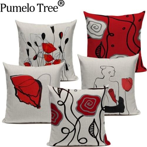 Custom Cushion Personality Creative Red Black Flowers Pillow Case Linen Cushion Cover Car Sofa Seat Home Decor 45*45Cm Pillows