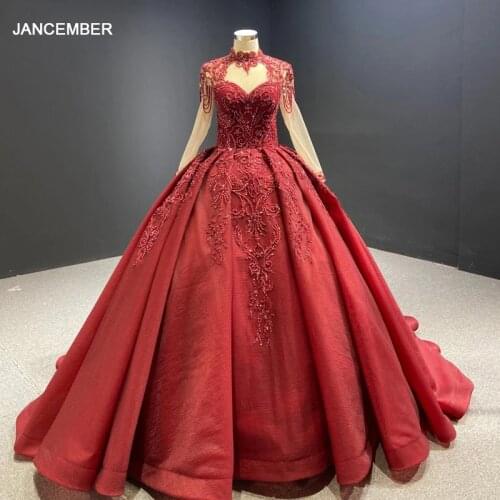 J67160 JANCEMBER Red Transparent Lace Long Sleeve Turtleneck Frill Evening Dress Applique Print Pattern Design Elegant Dress