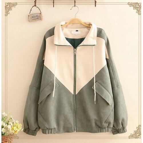 Small and pure and fresh art institute wind loose Suede Fabric zipper cardigan jacket girl autumn/winter colorant match coat