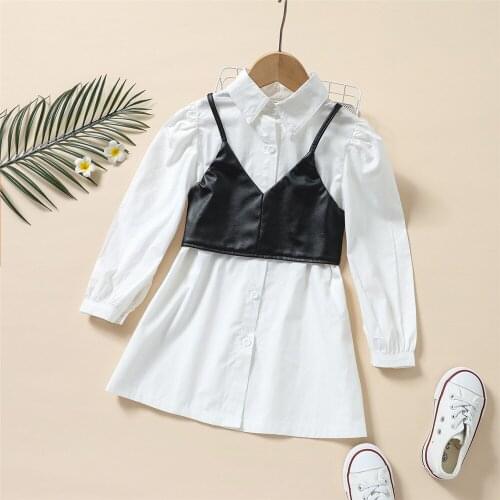 2021 2-7Y Fashion Kids Baby Girl Clothes Set White Solid Turn-down Collar Long Sleeve Shirt Dress+Leather Black Vest Autumn 2pcs