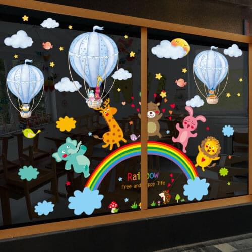 [SHIJUEHEZI] Cartoon Animals Wall Stickers DIY Hot Air Balloon Rainbow Mural Decals for Kids Rooms Baby Bedroom Decoration