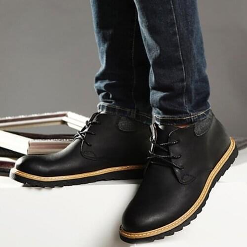 Pop Men Leisure Boots Genuine PU Leather Ankle Winter With Fur Western Boots Casual Retro Lace-up Mens Boots Casual Shoes