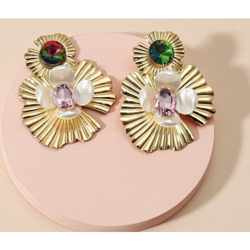 Exaggerated Gold Silver Color Metal Drop Earrings for Women Boho Crystal Shell Flower Piercing Earring Party Jewelry Gift