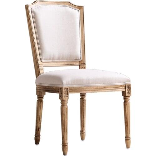 American Style Country Solid Wood Oak Carving Retro Cloth Dining Chair Hotel Coffee Shop Cotton Hemp Personalized Square Back Ch