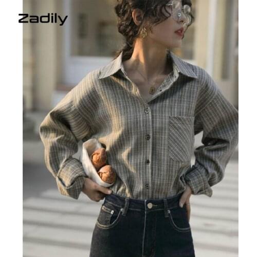 Zadily 2021 Autumn Flare Long Sleeve Plaid Women Cotton Shirt Casual Button Up Pocket Loose Work Blouse Daily Female Clothing