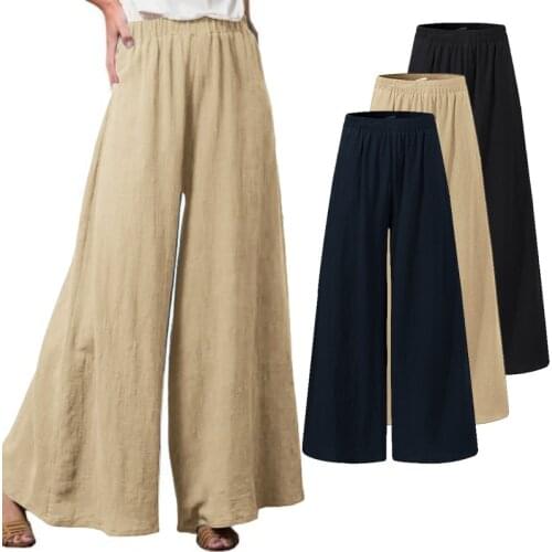 Plus Size Womens Summer Trousers ZANZEA 2021 Kaftan Cotton Wide Leg Pants Casual Elastic Waist Pantalon Female Solid Turnip
