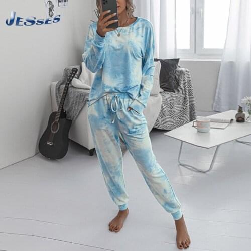 Casual Tie-dye Suits For Lady Jumpsuits Loose Full Sleeved Blue Homewear Suits Elastic Waist Oversize Sets Woman 2pcs Suit Mujer