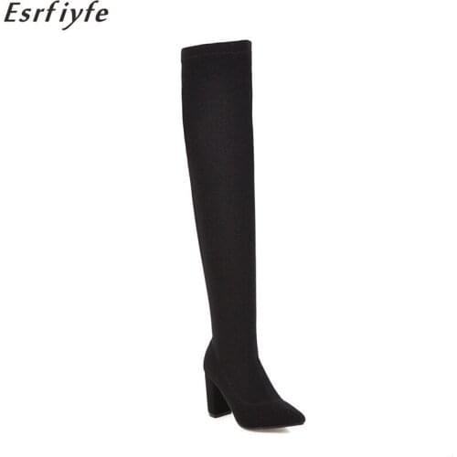 ESRFIYFE 2020 New Women Knee High Boots Slip on Winter Shoes Thick High Heels Pointed Toe All Match Women Boots Large Size 34-48
