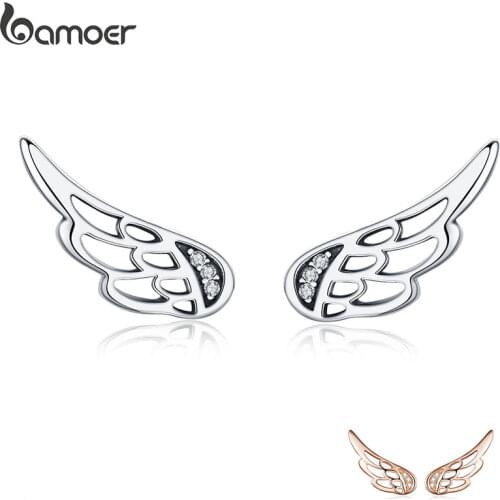 BAMOER Genuine 925 Sterling Silver Feather Fairy Wings Stud Earrings Silver for Women Fashion Silver Jewelry Christmas Gift