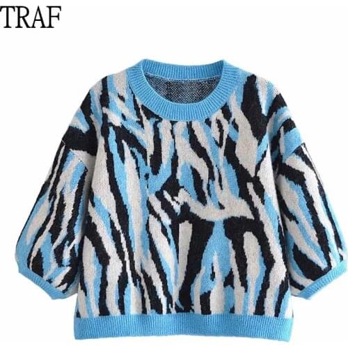 TRAF Za Women Knitted Sweater Fashion Animal Short Pullovers Women Autumn Loose Short Sleeve Woman Clothing Sweaters Streetwear