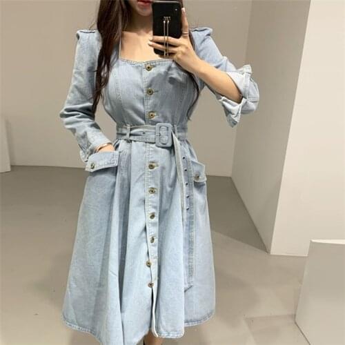 FMFSSOM New Spring Autumn 2021 Women Denim Dresses Pockets Mid-Calf Casual Sashes Square Collar Single Breasted Robes