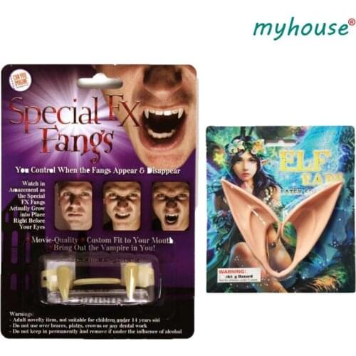 1Pair Elf Ears Halloween False Ear Cosplay Teeth Fangs Vampire Latex Soft Pointed Clings Blood Banner Horror Vampire Party Decor