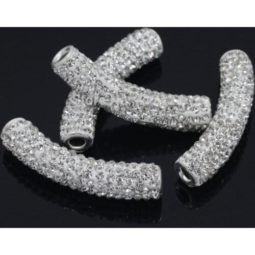 10Pcs Silver Plated Pave Clear Crystal Rhinestone Clay Tube Spacer Beads Jewelry DIY Findings 4.7cmx1cm(1 7/8"x 3/8")