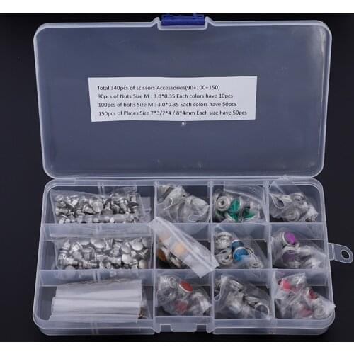 340pcs/box Hair Scissors Screws Nuts Bolts Metal Washers Plates Muti-sizes Scissors Repair kits accessories