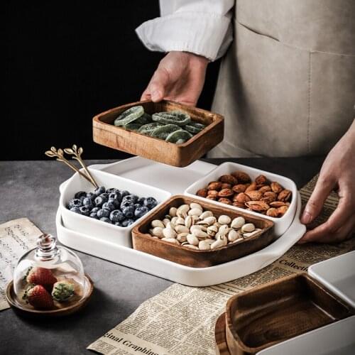 5PCS/Set Snacks Plate Ceramic Grid Plate Wooden Cake Try For Storage Dried Fruit As Gifts For Friends Plateau тарелки Plate