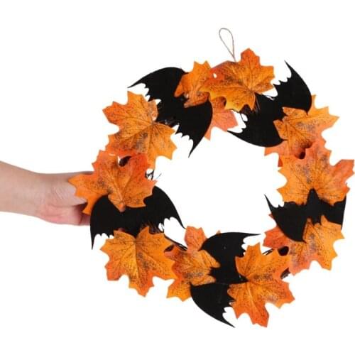 94PF 10inch Halloween Maple Wreath Artificial Maple Leaf Bat Vine Garland Door Hanging Pendant for Party Thanksgiving Harvest’s
