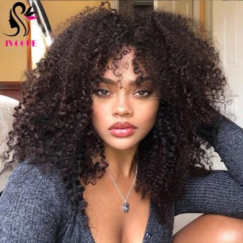 Afro Kinky Curly Scalp Top Wig with Bangs Monglian Remy Human Hair Wig Silk Base Full Machine Made Wig with Fringe 200% Density