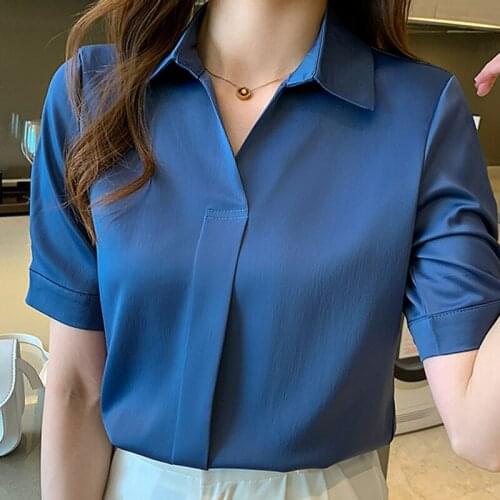 Blusas Blouses Femme Short Sleeve Tops Women Blouse Women Blusas Mujer De Moda 2021 Turn Down Collar Chiffon Blouse Shirt E689