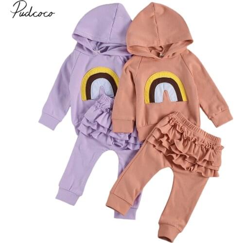 Children 2Pcs Outfit Set Baby Girls Boy Embroidery Rainbow Pattern Long Sleeve Hoodie + Trousers with Pockets Toddlers Suit Set