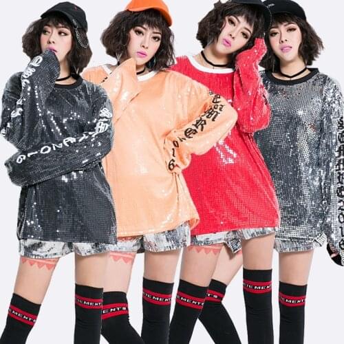 Jazz Dance Costumes Women Sequined Long Sleeve Top Dress Hiphop Clothes Men Modern Cheerleader Outfit Stage Show Wear DN2934