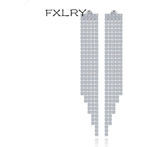 FXLRY New Romantic White Color Out Micro Paved Zircon Long Geometric Earrings For Women Bride Wedding Dinner Fashion Jewelry