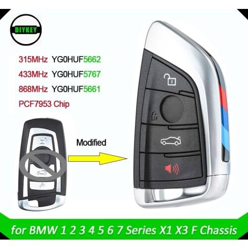 DIYKEY Modified Remote key Fob 4 Button 315MHz YGOHUF5662, 433MHz YGOHUF5767, 868MHz YGOHUF5661 PCF7953 for BMW F Series CAS4
