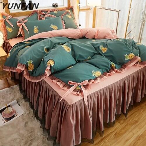 Pineapple Bedding Set Full Queen King Bedspread princess Duvet Cover set Pillowcase girls lace pink bed skirt luxury bedclothes