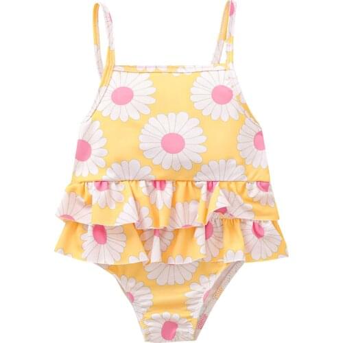 Girl Swimsuit, Sleeveless Flower Print Ruffle Bodysuit One-piece Suit for Vacation Swimming Beach