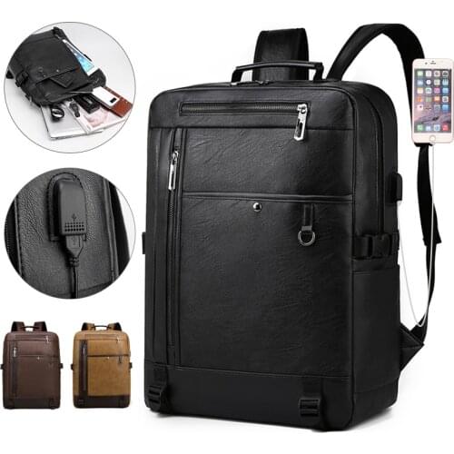 Fashion Mens Backpack Pu Leather Laptop Backpacks USB Charge School bag For Boy Waterproof Bookbag Anti-theft Travel Backbags