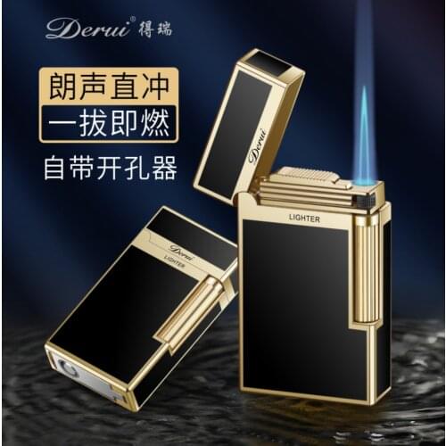 2021 NEW jet blue Turbo torch flame Butane inflatable cigarette lighter Metal grinding wheel with cigar knife Men gift (no gas)