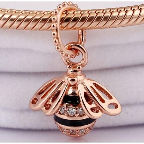 Original Rose Gold Black Enamel Stripes Queen Bee Necklace Pendant Fit 925 Sterling Silver Charm Bracelet Diy Jewelry