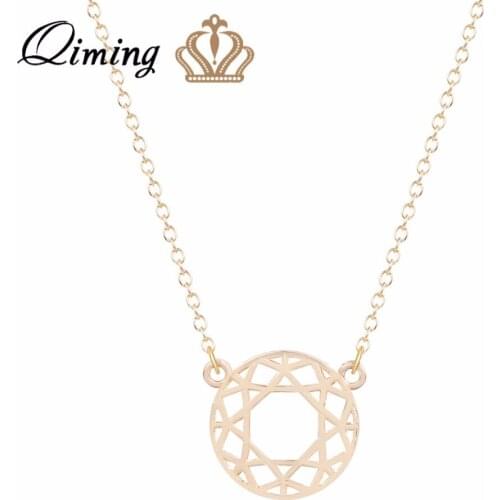 QIMING Geometric Hollow Round Necklace For Women Golden Jewelry Simple Circle Necklace Pendant Charm Choker Ethnic Necklace Gift