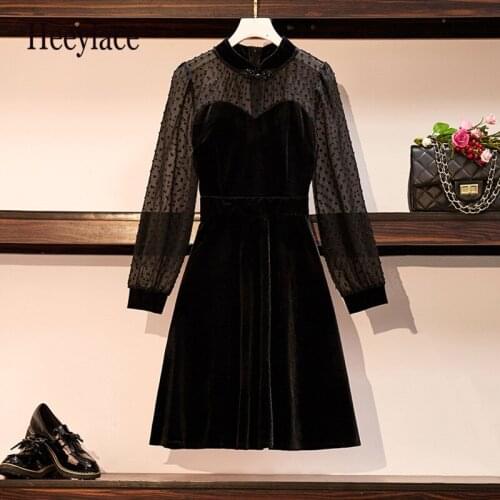 Plus Size Women Black vintage Party Dress Autumn 2020 Jacquard Long Sleeve Patchwork Velvet High Waist A-Line Vintage Dresses