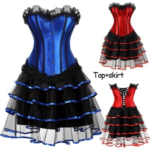 Sexy Red Lace Patchwork Corset Dress Classic Retro Waist Trainer Corsets and Bustiers Gothic Revival Burlesque Party Tutu skirt
