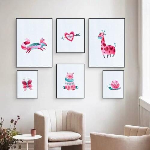 Modern Nordic Abstract Cute Pink Animals Posters and Prints Canvas Painting Cartoon Wall Art Pictures for Living Room Home Decor