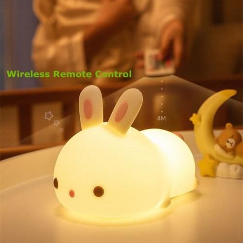 Rabbit LED Night Light Touch Sensor Remote Control Colorful Dimmable USB Rechargeable Silicone Bunny Lamp for Children Baby Gift