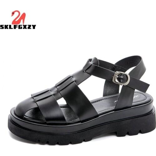 SKLFGXZY 2021 New Women Real Leather Shoes Summer Sandals Buckle Strap Hollow Out Beach Sandals Cool Ladies Footwear