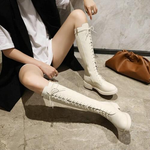 Luxury brand womens winter shoes chunky middle heels platform beige silver patent PU leather riding lace-up boots knee high lady