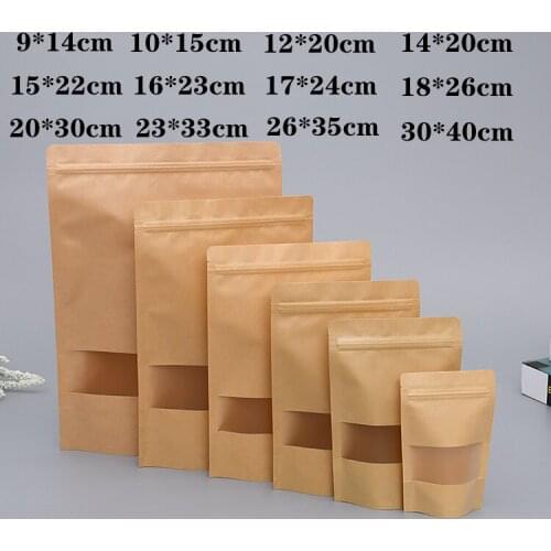 100pcs Kraft paper window zipper bags brown reusable self-sealing candy bread cookie gift bag