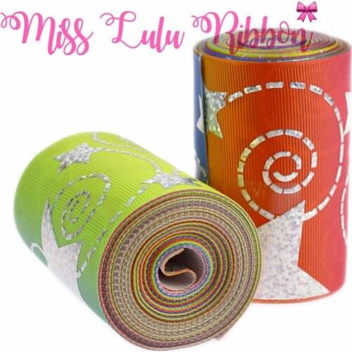 3"75mm Silver Hologram Foil Star Swirl Patterns Gradient Color Printed Grosgrain Ribbon DIY Gift Bowknots Wrap 5yards/roll