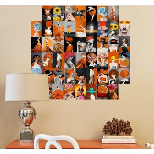 50Pcs Nordic Characters Pictures Sexy Woman Collage Print Kits Orange Theme Warm Color Girls Bedroom Wall Abstract Decoration