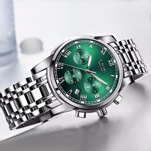 LIGE 2020 NEW Top Brand Green Water Ghost Luxury Fashion Mens Watches All Steel Sports Chronograph Quartz Watch Men часы мужские