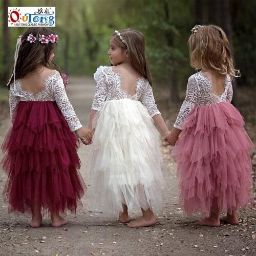 Outong Summer Girls Dresses New Children Clothes Lace V Back Layered Mesh Tulle Ball Gown Dress Three Quarter Princess Dress