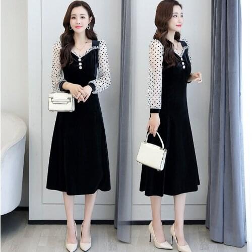 French long party dress women autumn winter long-sleeved ruffled polka dot mesh velvet dress ladies elegant button midi dress