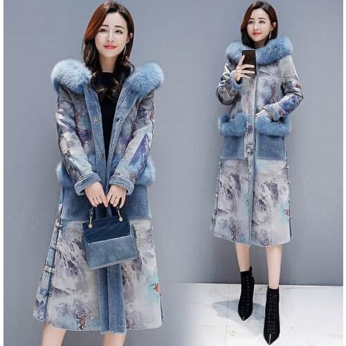 Double-faced Fur coat Womens Long Section Winter Jacket 2020 New Fashion Retro Printed Parka Overcoat Female Windbreaker f2087